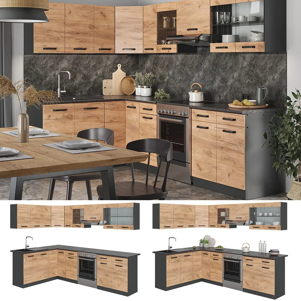 Winkelküche Rick, Anthrazit/Goldkraft Eiche, 267 x 167 cm, AP Schwarz – Bild 3