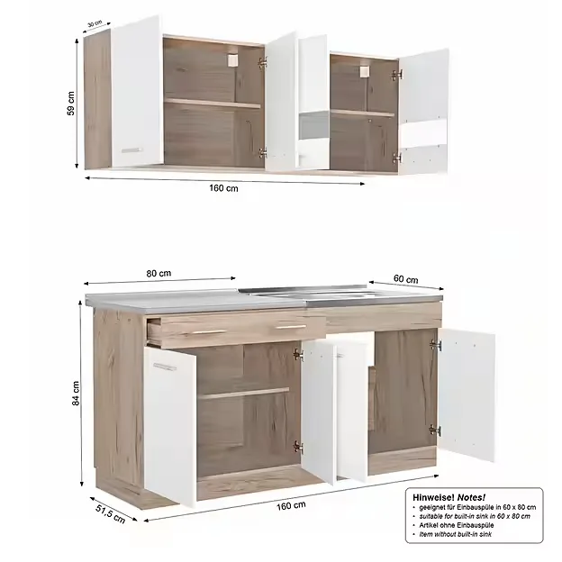 Küchenzeile 160 cm Weiß Matt