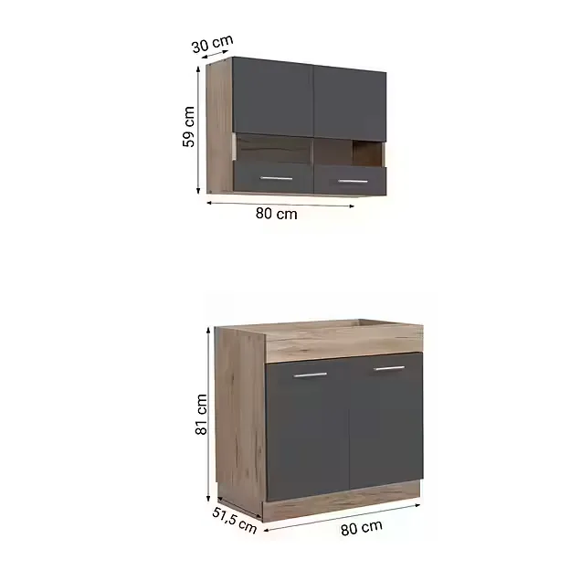 Küchenzeile 80 cm – Modernes Grau mit Eichendekor