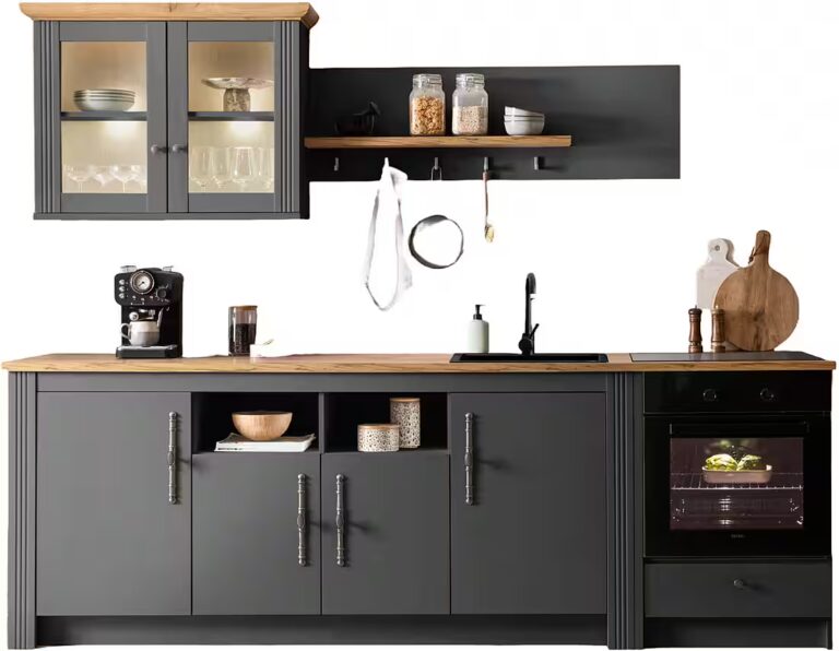 OTTO home Küchenzeile KS-Westminster, Pantryküche im Landhaus Stil, hochwertige Metallgriffe, (Set), Breite 268 cm, Sideboard, Wandpaneel, Hängeschrank und Herdumbau