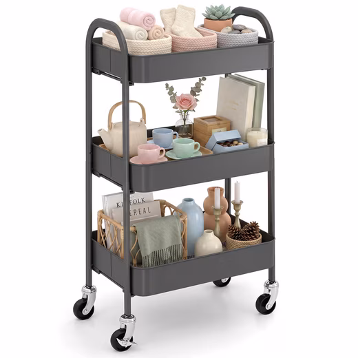 HOMCOM Servierwagen Küchenwagen mit Rollen Griff Küchenregal mit Korb und Deckel, (Servierwagen, 1 St., Küchenregal mit Rollen), 45cm x 31cm x 79,4cm – Bild 3
