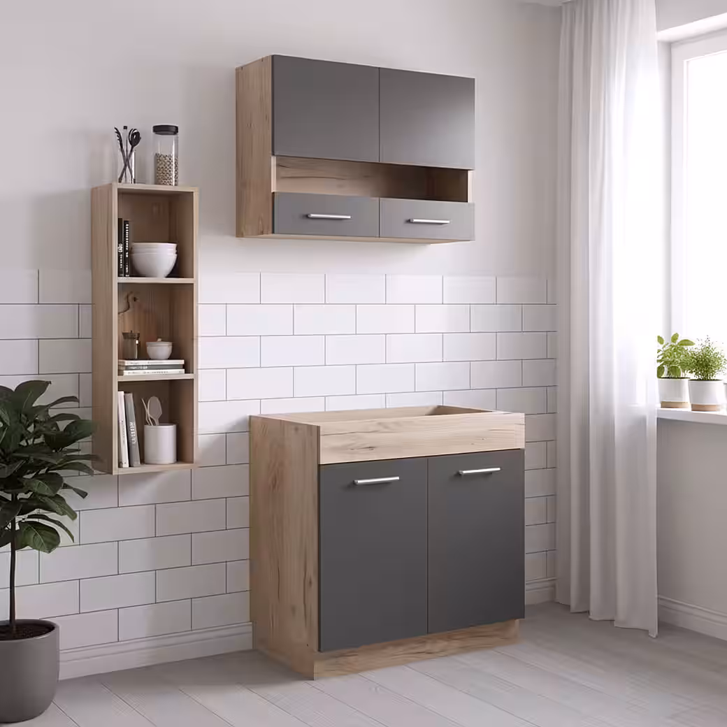 Homestyle4u Küchenzeile 80 cm ohne Geräte, Singleküche, matt Grau Eiche, Glas-Oberschränke, (Oberschränke, Unterschränke), Küchenblock mit Oberschränken und Unterschränken, Einbauküche – Bild 2