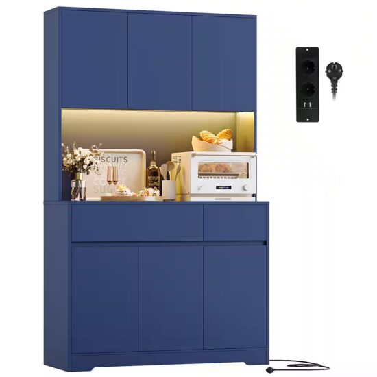 Homfa Küchenbuffet Küchenschrank mit LED Buffetschrank mit Steckdosen Hochschrank mit Arbeitsplatte, 6 Türen und Schubladen – Bild 2