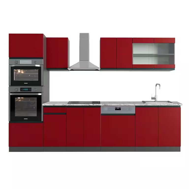 Vicco Küchenzeile R-Line, Weiß/Anthrazit, 300 cm mit Hochschrank, AP Marmor