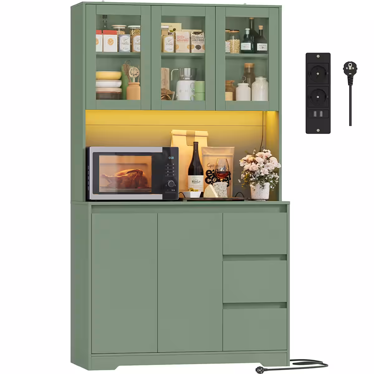 Homfa Küchenbuffet Küchenschrank Buffetschrank mit LED Sideboard weiß mit Steckdosenleiste & Arbeitsplatte 180x100x38,5cm – Bild 2