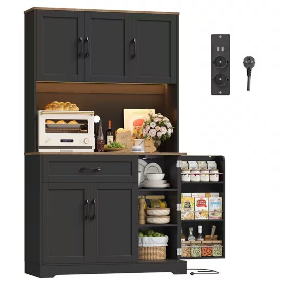Homfa Küchenbuffet Küchenbuffet mit LED Küchenschrank Buffetschrank Sideboard weiß mit Steckdosenleiste & Arbeitsplatte 180,5x100x38,6cm – Bild 2