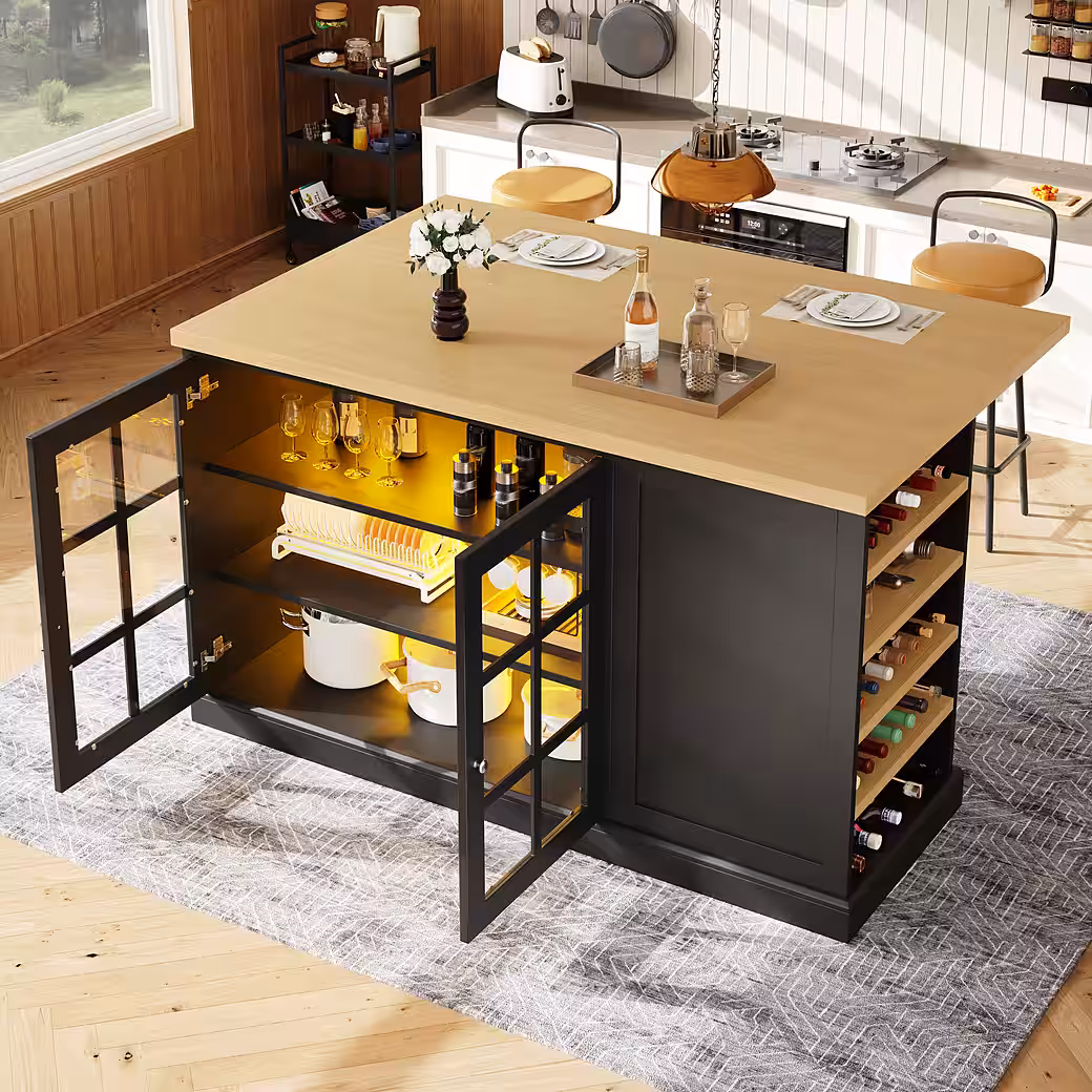 Flieks Kücheninsel mit klapparen Arbeitsplatte in Holzoptik und LED-Beleuchtung, (B120/H90/Tiefe 40-70cm), Multifunktionaler Küchenschrank mit Glastüren und seitlichen Weinregal – Bild 2