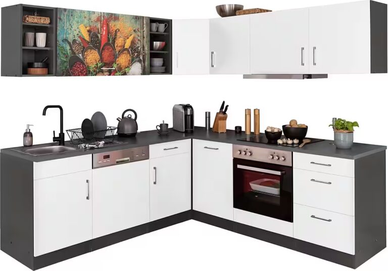 KOCHSTATION Küchenzeile KS-Paris – Küchen mit einzigartigen Fotomotiven auf den Fronten, Stellbreite 220/220 cm, wahlweise mit E-Geräten, mit Motivdruck