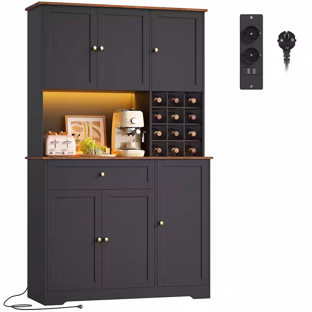Homfa Küchenbuffet Küchenbuffet mit LED & Weinregal Küchenschrank Buffetschrank Sideboard weiß mit Steckdosenleiste & Arbeitsplatte 180x100x39cm – Bild 3