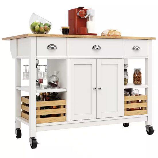 i@home Kücheninsel Küchenschrank, Essschrank, Esszimmerwage,360 Grad drehbare Räder, (Bis 60 kg belastbar, 2 Schiebetüren und 2 Schubladen,120×45×90cm), Multifunktions-Esstisch mit Kiefernkorb Aufbewahrungskorb, schwarz – Bild 2