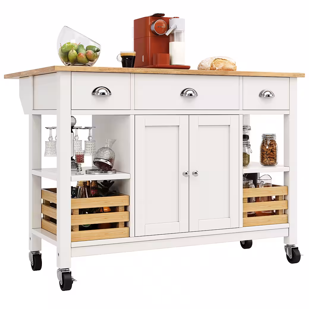 i@home Kücheninsel Küchenschrank, Essschrank, Esszimmerwage,360 Grad drehbare Räder, (Bis 60 kg belastbar, 2 Schiebetüren und 2 Schubladen,120×45×90cm), Multifunktions-Esstisch mit Kiefernkorb Aufbewahrungskorb, schwarz – Bild 2