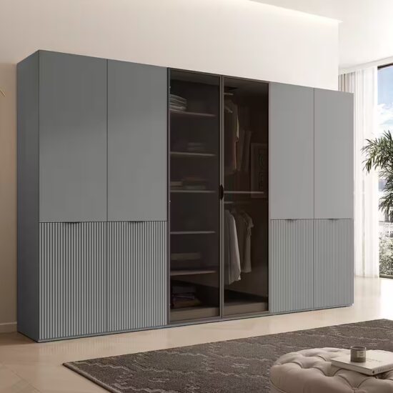 MOEBLO Drehtürenschrank MINEWRA ANTISOL 300 (Moderner Drehtürenschrank mit getönter Glasfront – viel Stauraum, verstellbare Einlegeböden & Kleiderstangen – robuster 6-türiger Kleiderschrank für Schlafzimmer und Garderobe) (BxHxT): 303x200x49 cm – Bild 3