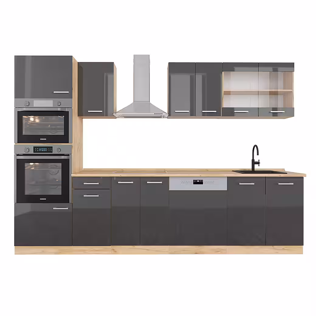 Vicco Küchenzeile R-Line, Anthrazit Hochglanz/Goldkraft Eiche, 300 cm mit Hochschrank... – Bild 2
