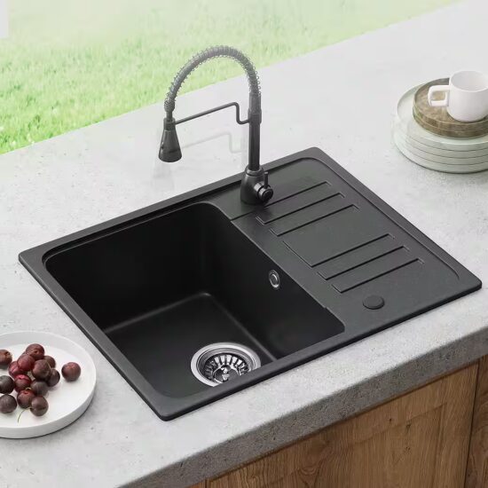 HOROW Granitspüle Granit Spüle in Schwarz 1 Becken Einbauspüle in 57 x 45 cm, 57/45 cm, mit Siphon Ab- und Überlaufgarnitur – Bild 2