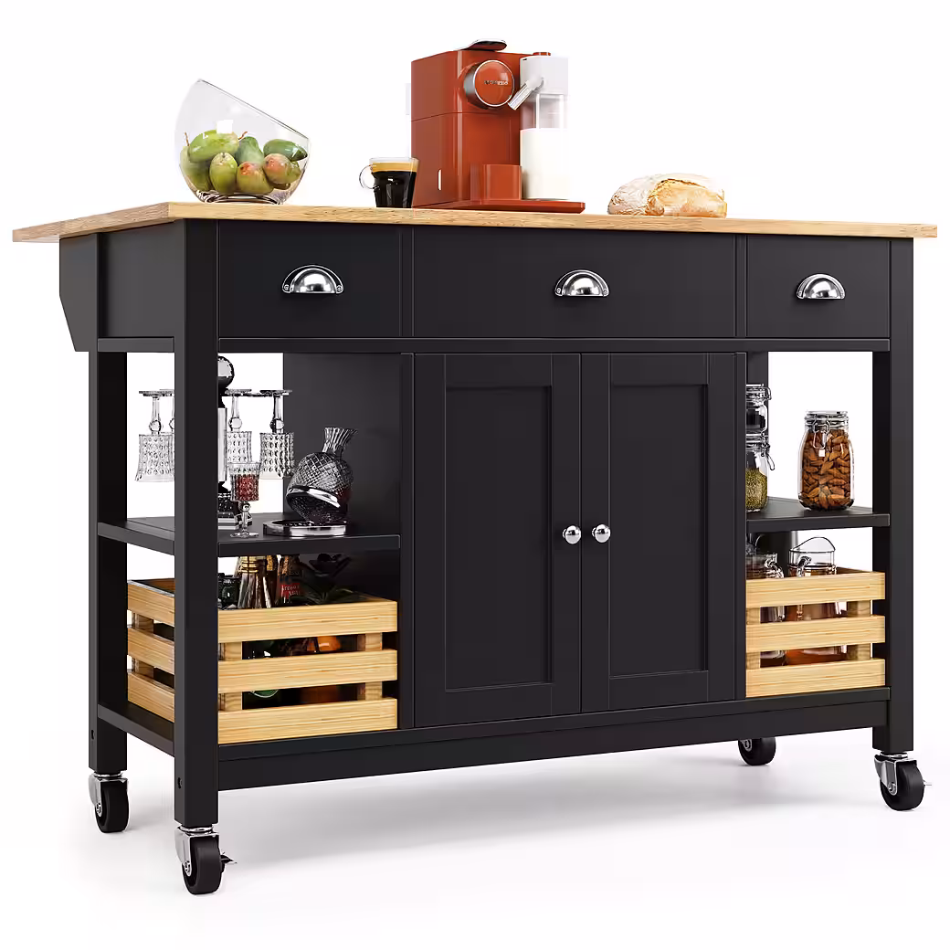 i@home Kücheninsel Küchenschrank, Essschrank, Esszimmerwage,360 Grad drehbare Räder, (Bis 60 kg belastbar, 2 Schiebetüren und 2 Schubladen,120×45×90cm), Multifunktions-Esstisch mit Kiefernkorb Aufbewahrungskorb, schwarz – Bild 3