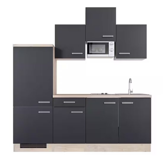 Flex-Well Küchenzeile Singleküche mit E-Geräten - 210 cm breit - Anthrazit San Remo Eiche – – Bild 2