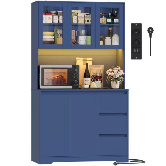 Homfa Küchenbuffet Küchenschrank Buffetschrank mit LED Sideboard weiß mit Steckdosenleiste & Arbeitsplatte 180x100x38,5cm – Bild 3
