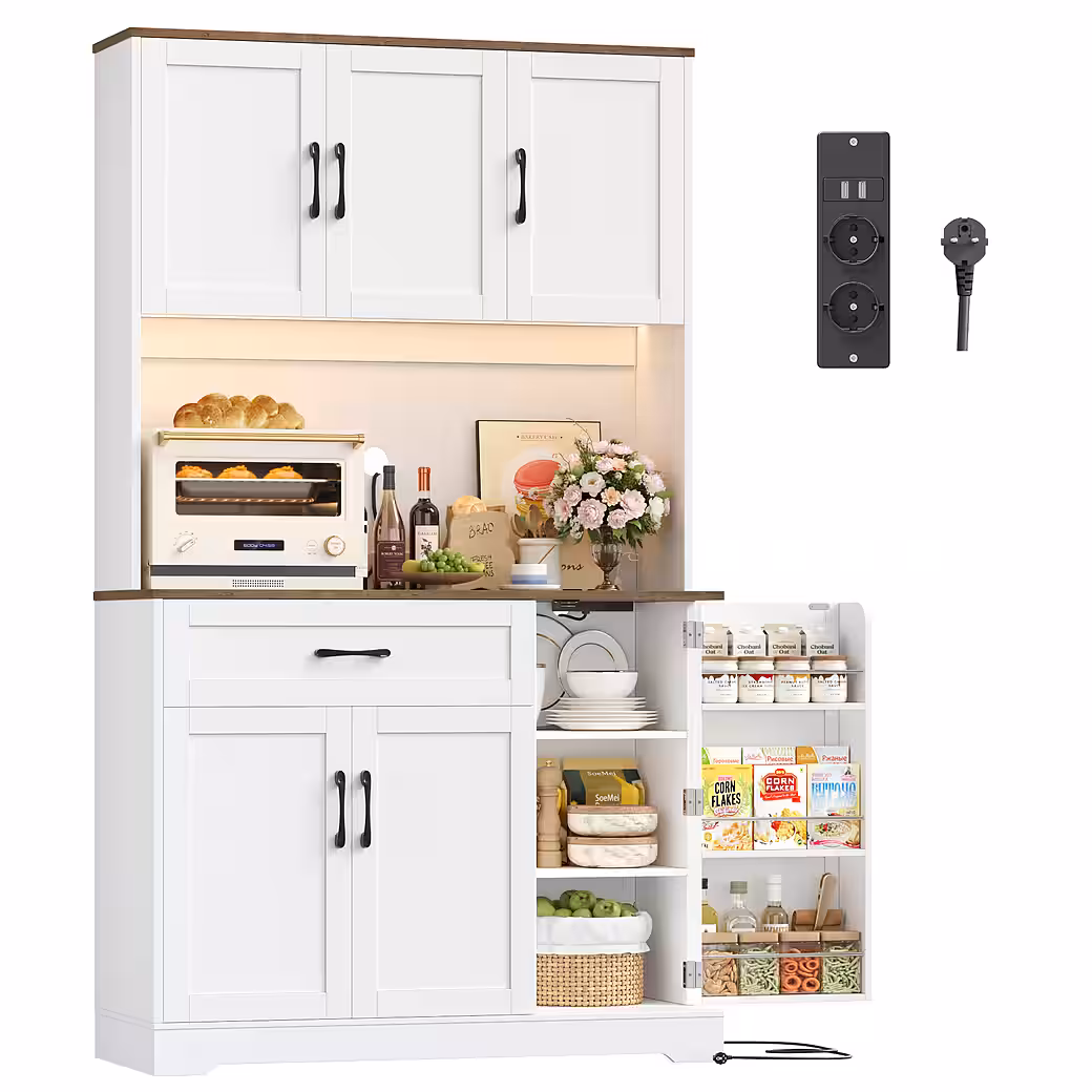 Homfa Küchenbuffet Küchenbuffet mit LED Küchenschrank Buffetschrank Sideboard weiß mit Steckdosenleiste & Arbeitsplatte 180,5x100x38,6cm – Bild 3