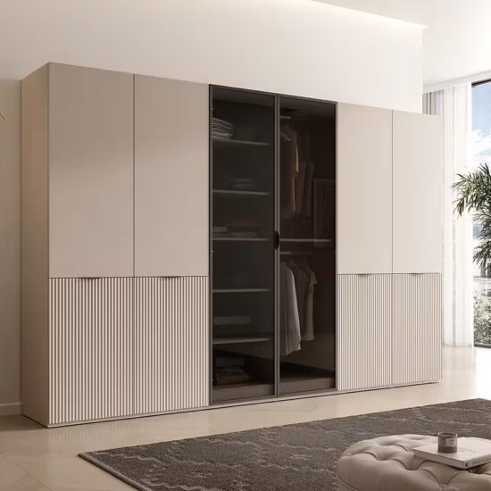 MOEBLO Drehtürenschrank MINEWRA ANTISOL 300 (Moderner Drehtürenschrank mit getönter Glasfront – viel Stauraum, verstellbare Einlegeböden & Kleiderstangen – robuster 6-türiger Kleiderschrank für Schlafzimmer und Garderobe) (BxHxT): 303x200x49 cm – Bild 4