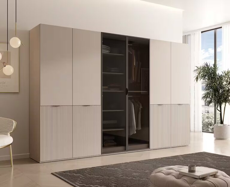 MOEBLO Drehtürenschrank MINEWRA ANTISOL 300 (Moderner Drehtürenschrank mit getönter Glasfront – viel Stauraum, verstellbare Einlegeböden & Kleiderstangen – robuster 6-türiger Kleiderschrank für Schlafzimmer und Garderobe) (BxHxT): 303x200x49 cm