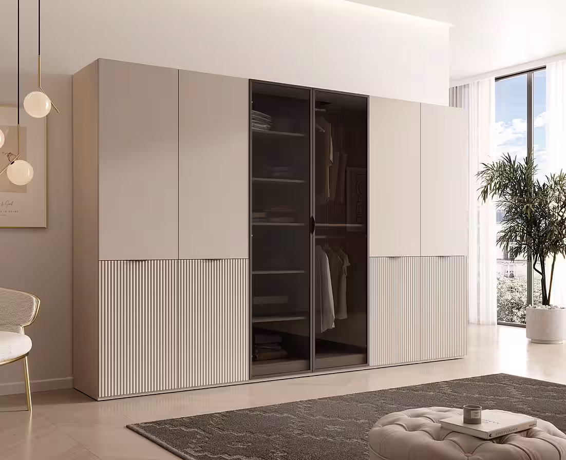 MOEBLO Drehtürenschrank MINEWRA ANTISOL 300 (Moderner Drehtürenschrank mit getönter Glasfront – viel Stauraum, verstellbare Einlegeböden & Kleiderstangen – robuster 6-türiger Kleiderschrank für Schlafzimmer und Garderobe) (BxHxT): 303x200x49 cm – Bild 2