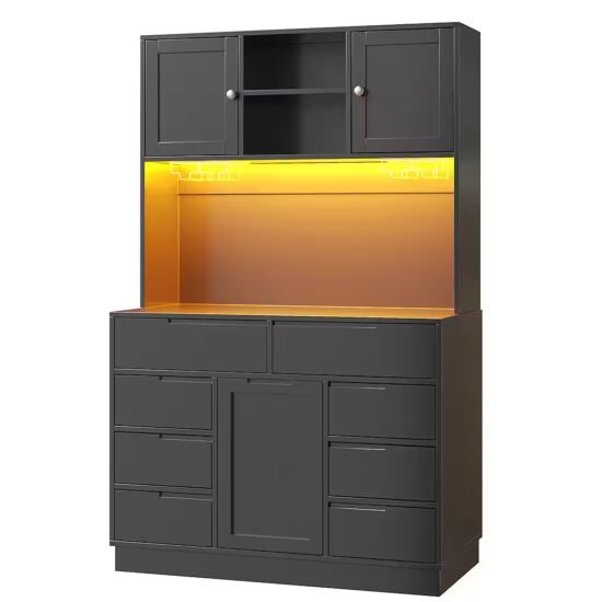 Flieks Küchenbuffet mit LED-Beleuchtung, Gläserhalter, 8 Schubladen und 3 Türen (1-St., B120/T40/H183,5 cm) Hochschrank Küchenschrank Geschirrschrank mit verstellbaren Ablagen – Bild 3