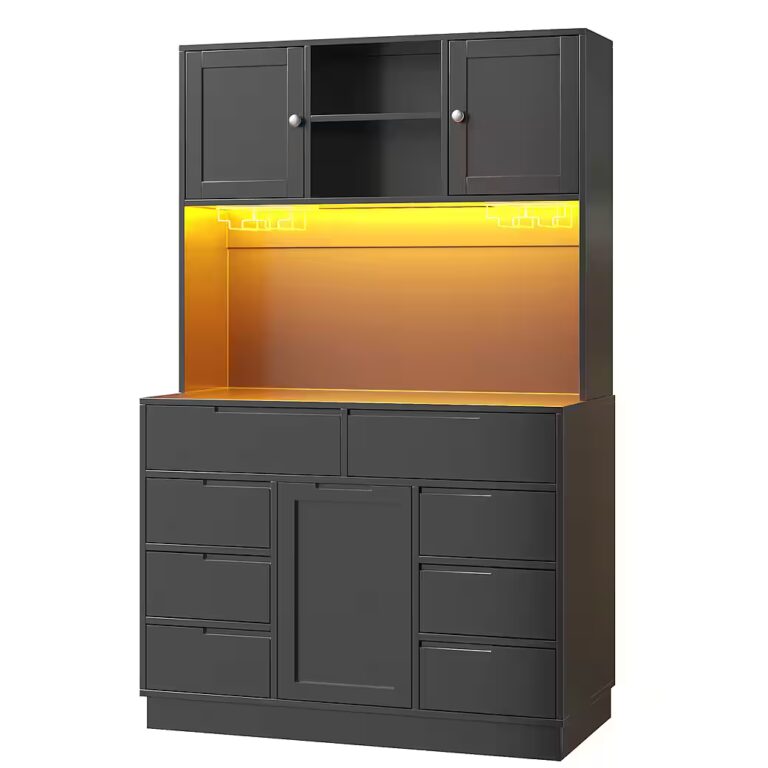 Flieks Küchenbuffet mit LED-Beleuchtung, Gläserhalter, 8 Schubladen und 3 Türen (1-St., B120/T40/H183,5 cm) Hochschrank Küchenschrank Geschirrschrank mit verstellbaren Ablagen