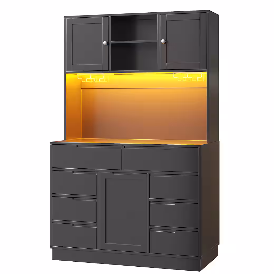 Flieks Küchenbuffet mit LED-Beleuchtung, Gläserhalter, 8 Schubladen und 3 Türen (1-St., B120/T40/H183,5 cm) Hochschrank Küchenschrank Geschirrschrank mit verstellbaren Ablagen – Bild 3