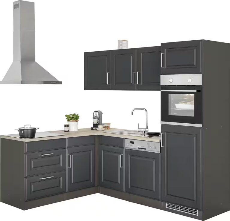 KOCHSTATION Winkelküche KS-Stockholm – Küche mit hochwertiger und detailreicher Landhausfront, Stellbreite 230x170 cm, wahlweise mit E-Geräten, MDF-Fronten