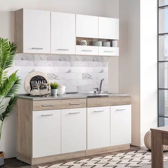 Homestyle4u Küchenzeile 160 cm ohne Geräte klein Einbauküche Singleküche Weiß matt Eiche Glas, (Oberschränke, Unterschränke, Arbeitsplatte), Küchenblock, Weiß/Creme und Braun – Bild 2