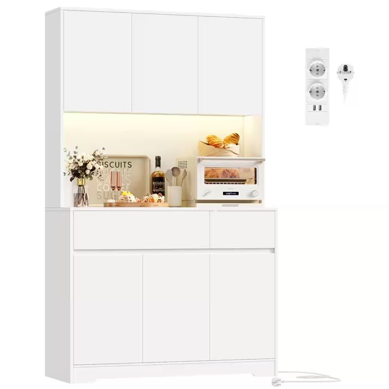 Homfa Küchenbuffet Küchenschrank mit LED Buffetschrank mit Steckdosen Hochschrank mit Arbeitsplatte, 6 Türen und Schubladen