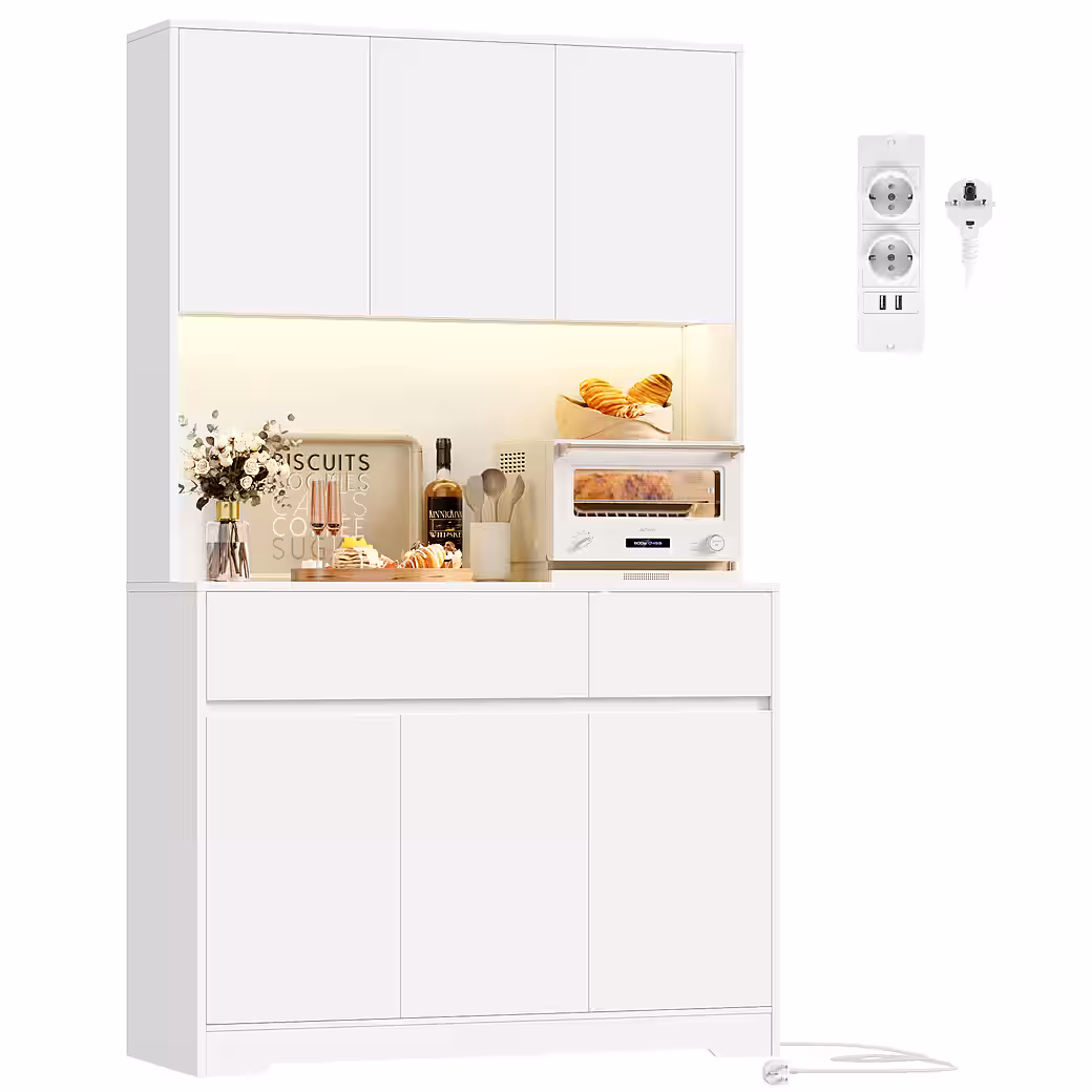 Homfa Küchenbuffet Küchenschrank mit LED Buffetschrank mit Steckdosen Hochschrank mit Arbeitsplatte, 6 Türen und Schubladen – Bild 3