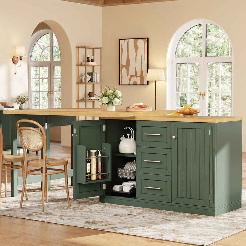 Celya Kücheninsel mit ausziehbarer Esstischplatte,wandelbare Theke, (Snackregal, Magnetverschluss und große Schubladen, modernes Design), Ideal für für Küche, Essbereich oder offene Wohnräume – Bild 1