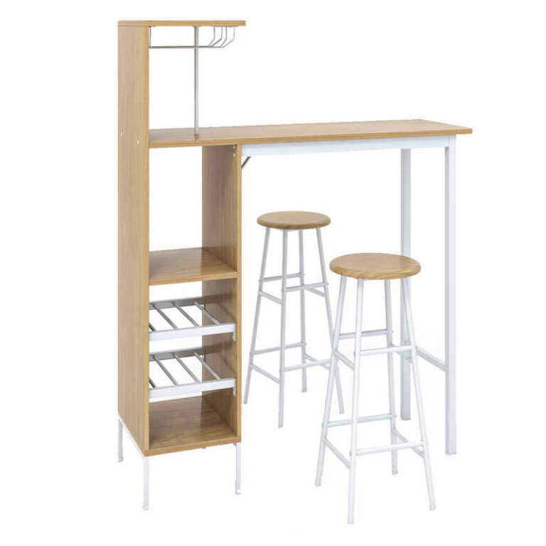 COSTWAY Bartisch (3 TLG. mit Hockern), mit Weinregal & Halterungen