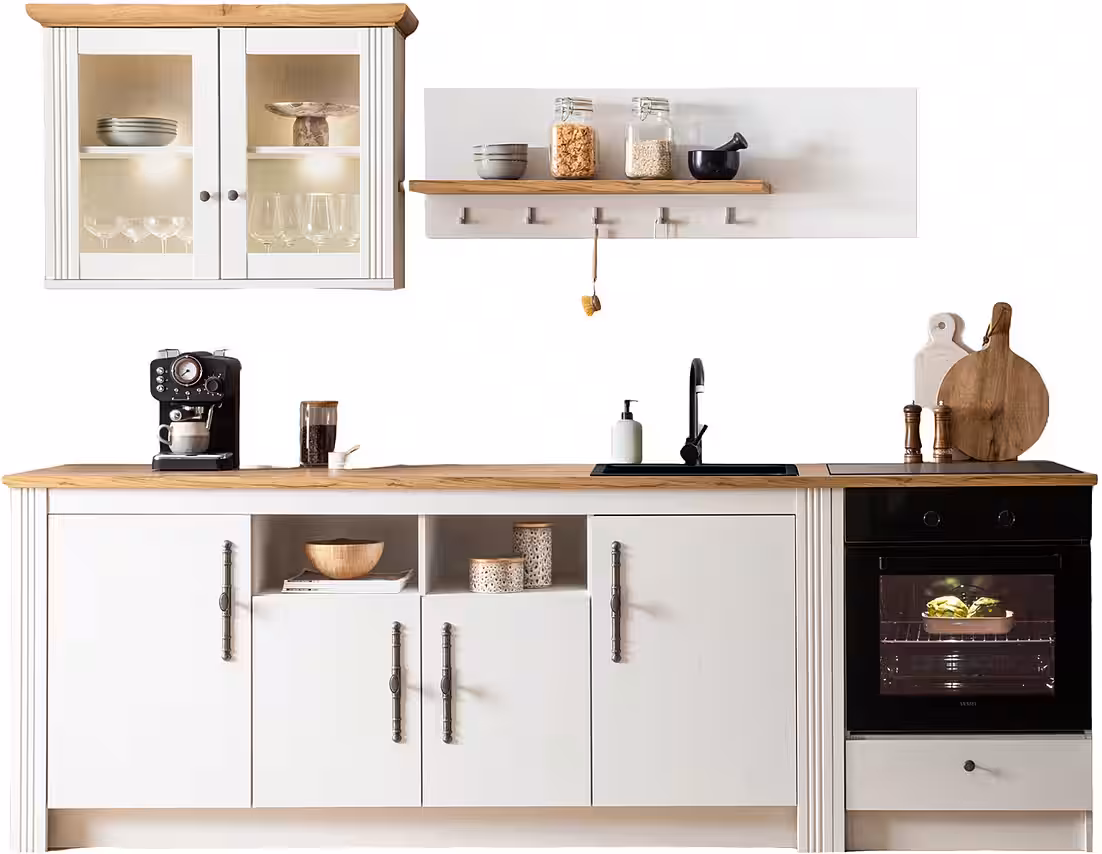 OTTO home Küchenzeile KS-Westminster, Pantryküche im Landhaus Stil, hochwertige Metallgriffe, (Set), Breite 268 cm, Sideboard, Wandpaneel, Hängeschrank und Herdumbau – Bild 3