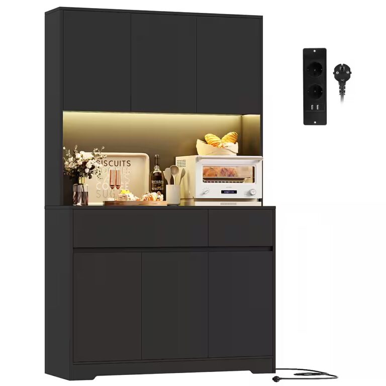 Homfa Küchenbuffet Küchenschrank mit LED Buffetschrank mit Steckdosen Hochschrank mit Arbeitsplatte, 6 Türen und Schubladen