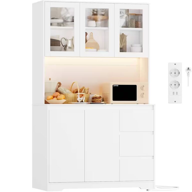 Homfa Küchenbuffet Küchenschrank Buffetschrank mit LED Sideboard weiß mit Steckdosenleiste & Arbeitsplatte 180x100x38,5cm