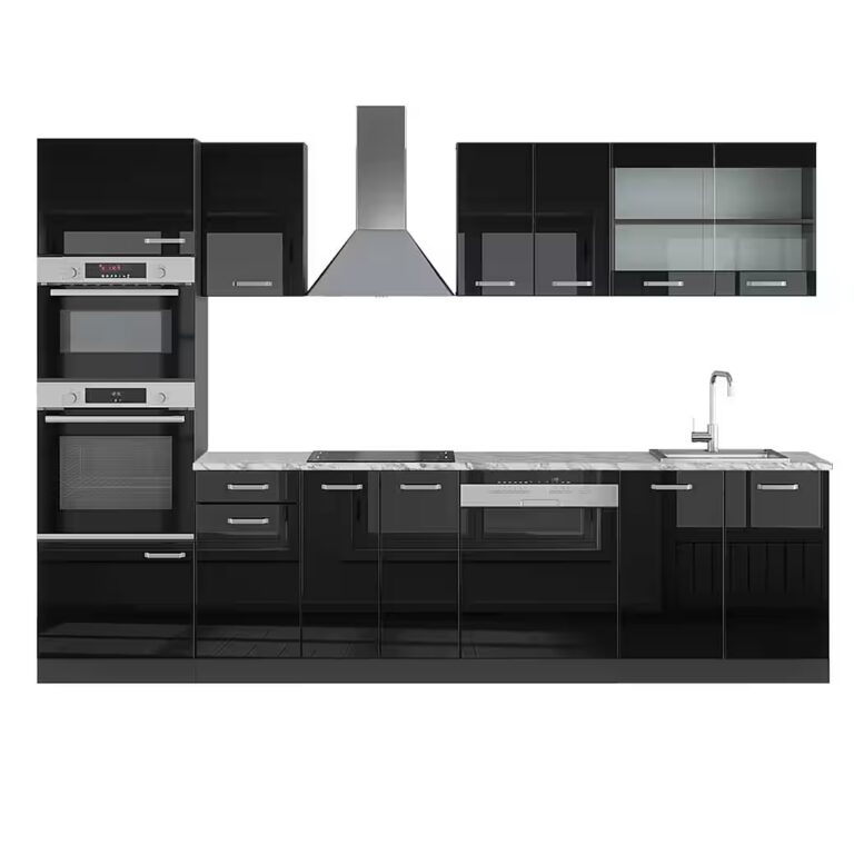 Vicco Küchenzeile R-Line, Weiß/Anthrazit, 300 cm mit Hochschrank, AP Marmor