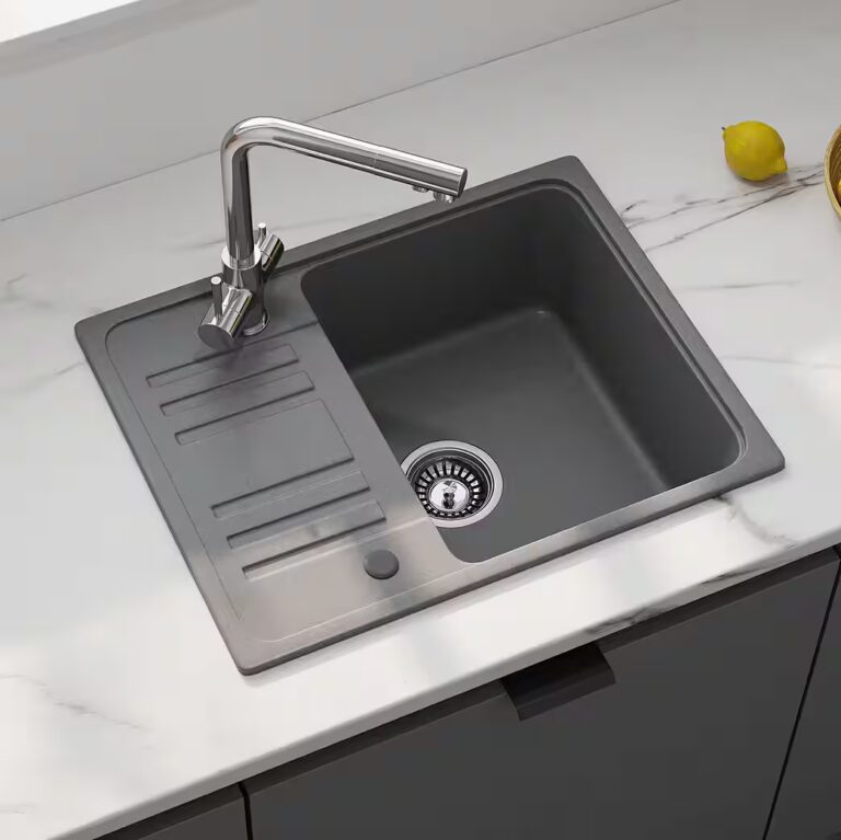 HOROW Granitspüle Granit Spüle in Schwarz 1 Becken Einbauspüle in 57 x 45 cm, 57/45 cm, mit Siphon Ab- und Überlaufgarnitur
