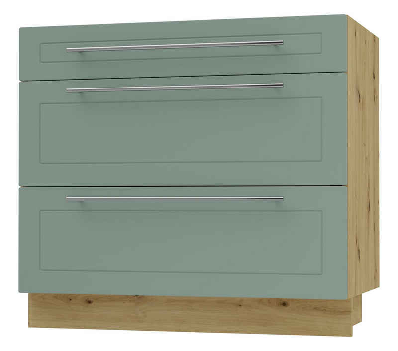Feldmann-Wohnen Auszugsunterschrank Kvantum (Schubladen mit Teilauszug, Selbsteinzug und Soft-Close-Funktion, 1-St., Fronten mit dekorativen Fräsungen und leicht abgerundeten Ecken) 90x50x82cm eiche artisan - mint (Q-D3M/90) – Bild 1