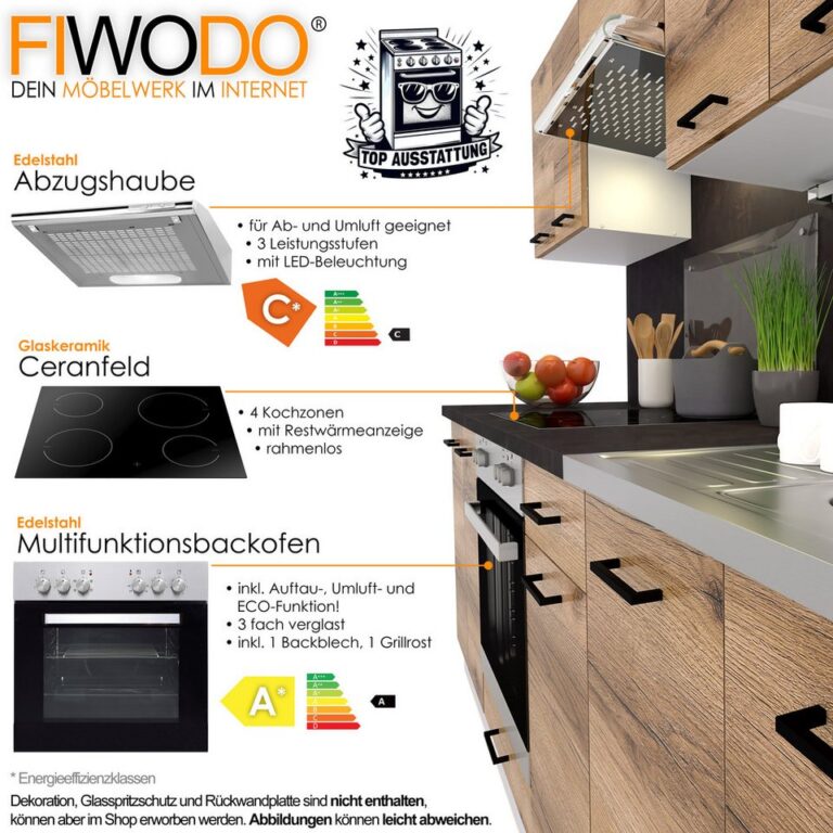 FIWODO.de - Dein Möbelwerk im Internet Küche Küchenzeile 240cm mit Elektrogeräten komplett Spülbecken Arbeitsplatte, (Set), mit E-Geräten, Breite 240cm, mit Spülbecken, mit Arbeitsplatte