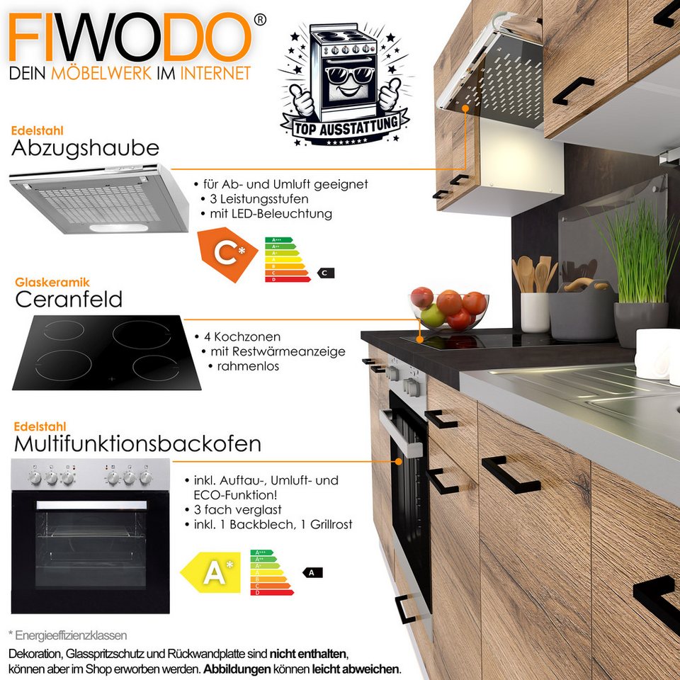 FIWODO.de - Dein Möbelwerk im Internet Küche Küchenzeile 240cm mit Elektrogeräten komplett Spülbecken Arbeitsplatte, (Set), mit E-Geräten, Breite 240cm, mit Spülbecken, mit Arbeitsplatte – Bild 4