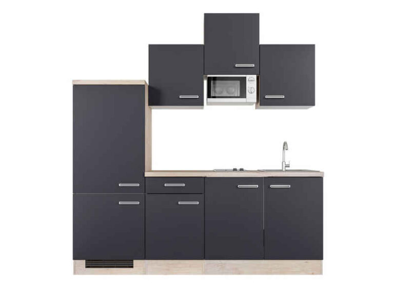 Flex-Well Küchenzeile Singleküche mit E-Geräten - 210 cm breit - Anthrazit San Remo Eiche –