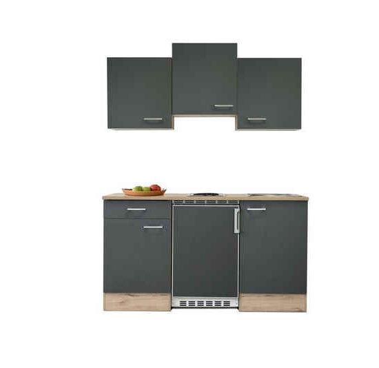 Flex-Well Küchenzeile Singleküche mit E-Geräten - 150 cm - basaltgrau matt San Remo Eiche – Bild 1