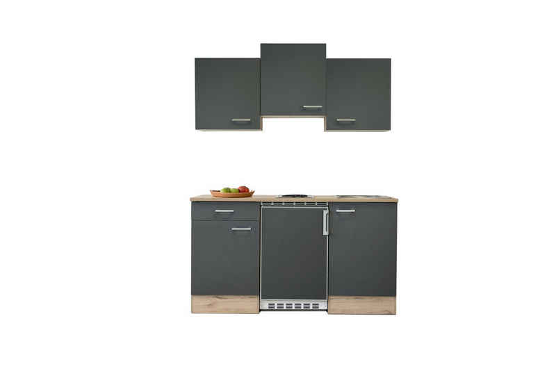 Flex-Well Küchenzeile Singleküche mit E-Geräten - 150 cm - basaltgrau matt San Remo Eiche – Bild 1