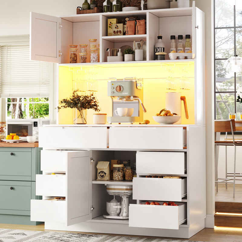 Flieks Küchenbuffet mit LED-Beleuchtung, Gläserhalter, 8 Schubladen und 3 Türen (1-St., B120/T40/H183,5 cm) Hochschrank Küchenschrank Geschirrschrank mit verstellbaren Ablagen – Bild 1