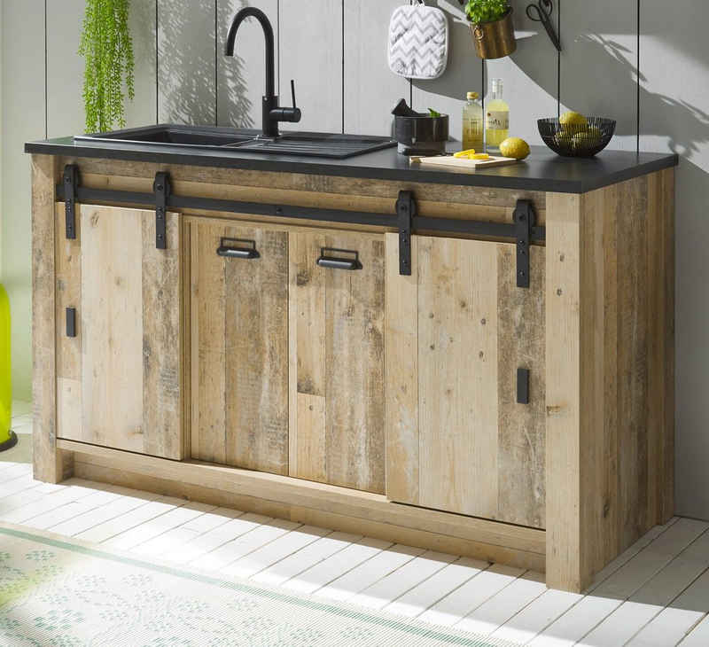 Furn.Design Spülenunterschrank Stove (Küchenschrank in Used Wood / Altholz, 161 x 93 cm) für Spüle oder Ceranfeld, Soft-Close – Bild 1