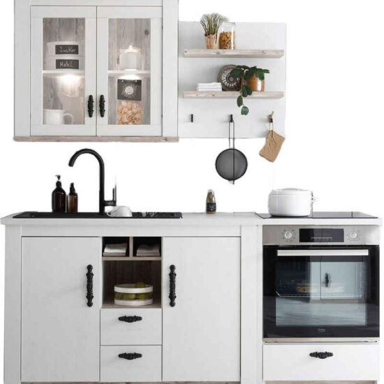 Home affaire Küchenzeile Florenz, Küche in Pinie Weiß, mit Herdumbau, ohne E-Geräte, (Set), Breite 191 cm, mit verschnörkelten Metallgriffen, Arbeitshöhe 92 cm – Bild 1