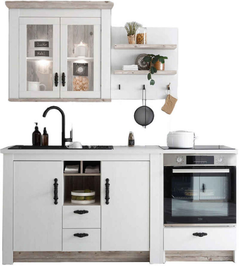 Home affaire Küchenzeile Florenz, Küche in Pinie Weiß, mit Herdumbau, ohne E-Geräte, (Set), Breite 191 cm, mit verschnörkelten Metallgriffen, Arbeitshöhe 92 cm