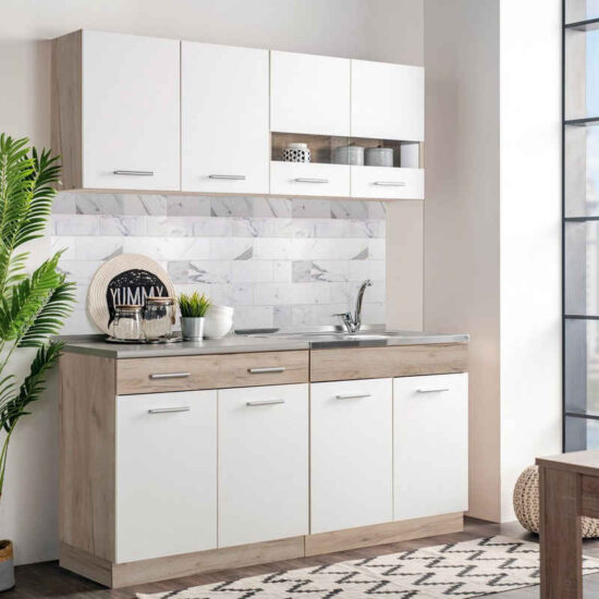 Homestyle4u Küchenzeile 160 cm ohne Geräte klein Einbauküche Singleküche Weiß matt Eiche Glas, (Oberschränke, Unterschränke, Arbeitsplatte), Küchenblock, Weiß/Creme und Braun – Bild 1
